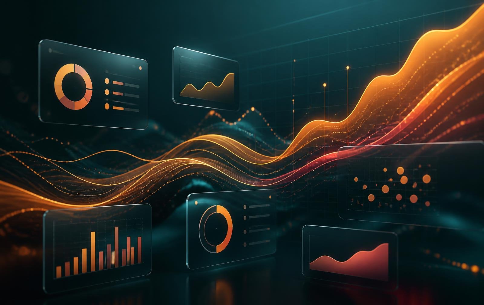 Digital marketing analytics dashboards with glowing performance curves